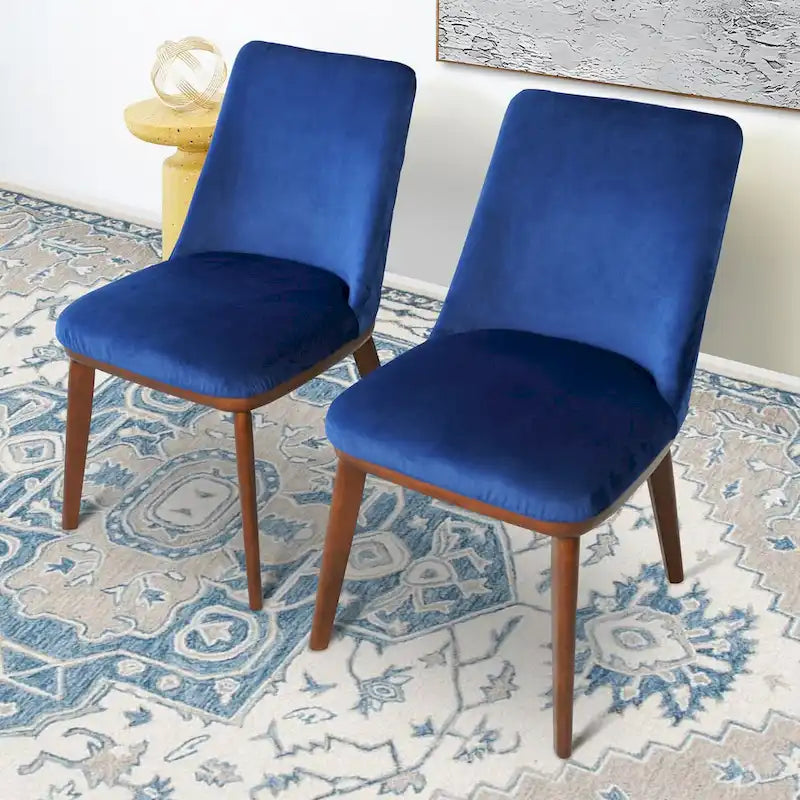 Chaise de salle à manger en velours capitonné de style Mid-Century avec pieds en bois massif, bleu marine