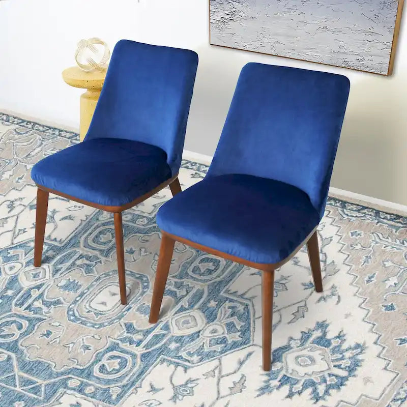 Chaise de salle à manger en velours capitonné de style Mid-Century avec pieds en bois massif, bleu marine