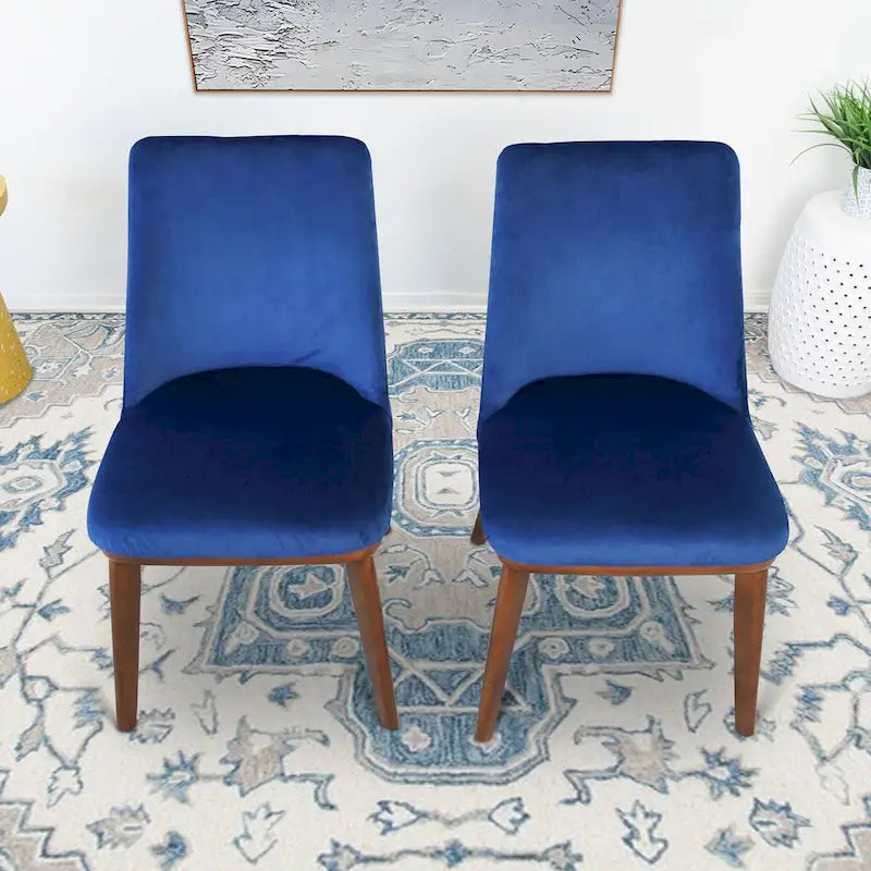 Chaise de salle à manger en velours capitonné de style Mid-Century avec pieds en bois massif, bleu marine