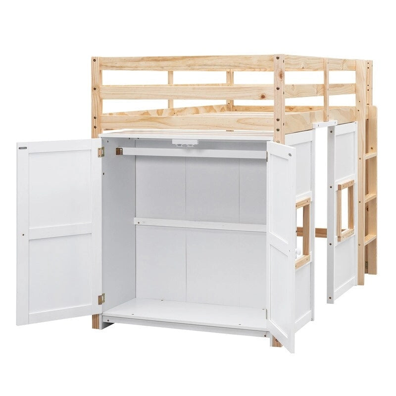 Lit mezzanine en bois de pin naturel avec armoire de rangement, fenêtres, blanc gris pour enfants