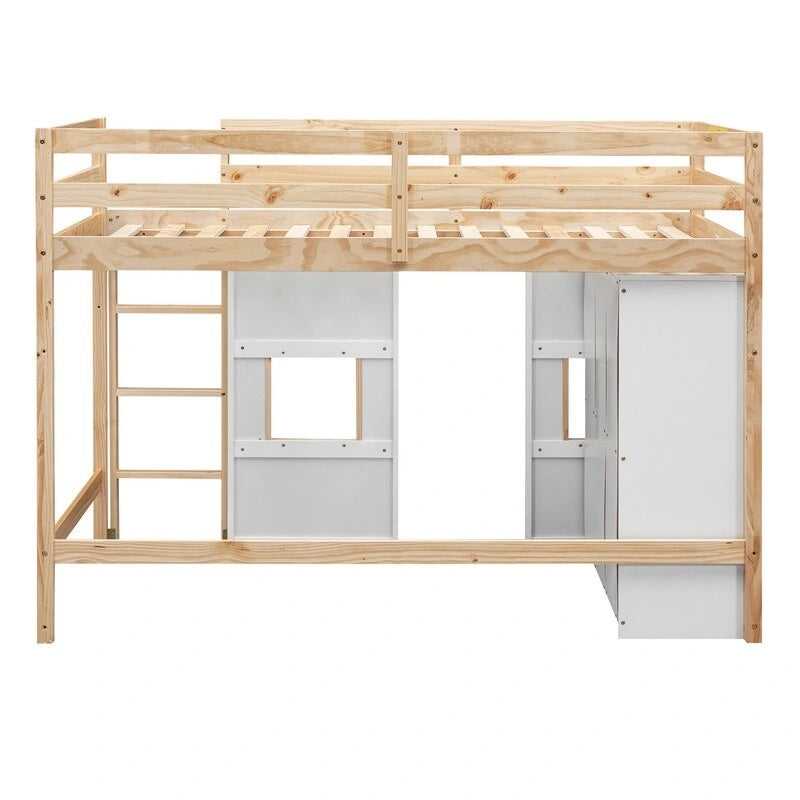 Lit mezzanine en bois de pin naturel avec armoire de rangement, fenêtres, blanc gris pour enfants