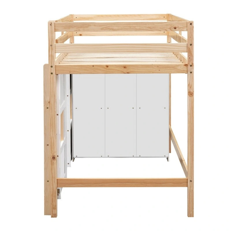 Lit mezzanine en bois de pin naturel avec armoire de rangement, fenêtres, blanc gris pour enfants