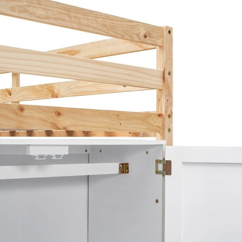 Lit mezzanine en bois de pin naturel avec armoire de rangement, fenêtres, blanc gris pour enfants
