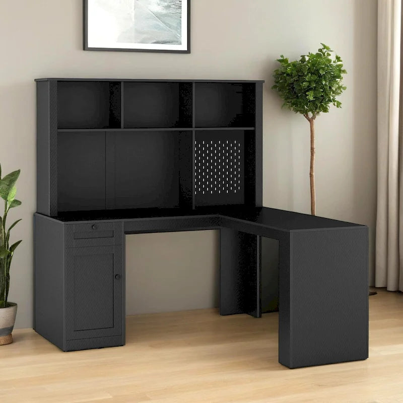 Bureau d'angle en L avec huche, étagère, tiroirs et lumière LED, noir