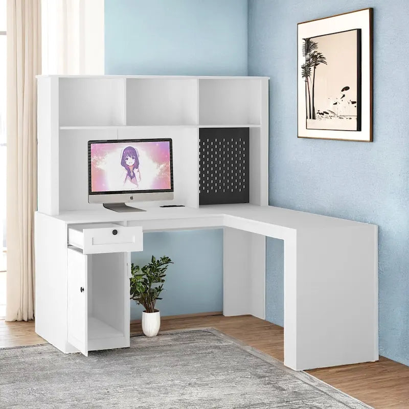 Bureau d'angle en L avec huche, étagère, tiroirs et lumière LED, noir