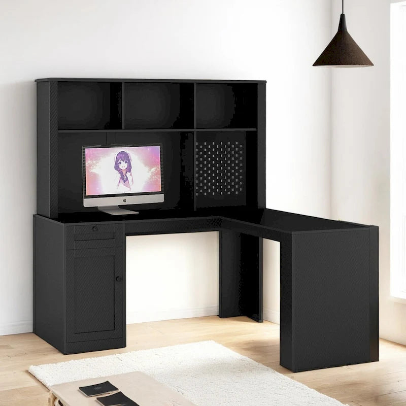 Bureau d'angle en L avec huche, étagère, tiroirs et lumière LED, noir