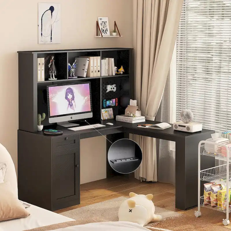 Bureau d'angle en L avec huche, étagère, tiroirs et lumière LED, noir
