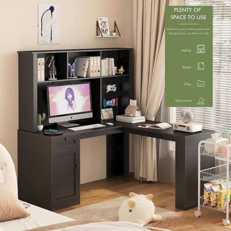 Bureau d'angle en L avec huche, étagère, tiroirs et lumière LED, noir