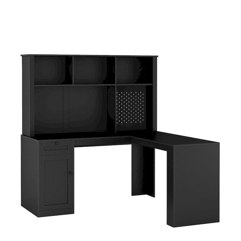 Bureau d'angle en L avec huche, étagère, tiroirs et lumière LED, noir