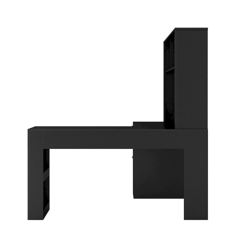 Bureau d'angle en L avec huche, étagère, tiroirs et lumière LED, noir