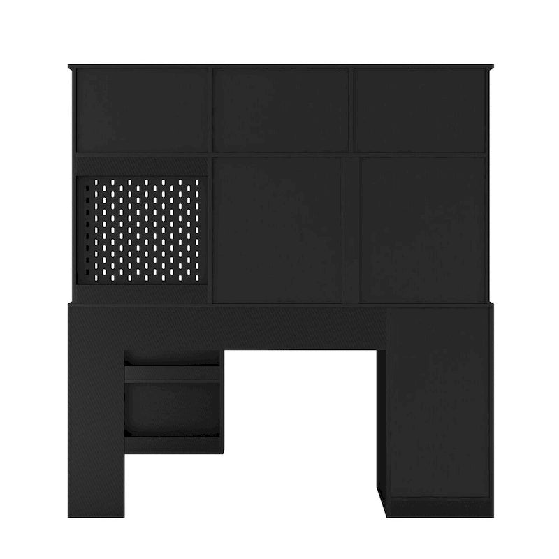 Bureau d'angle en L avec huche, étagère, tiroirs et lumière LED, noir