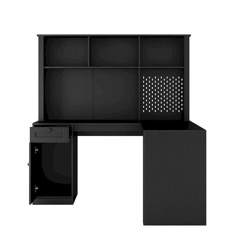 Bureau d'angle en L avec huche, étagère, tiroirs et lumière LED, noir