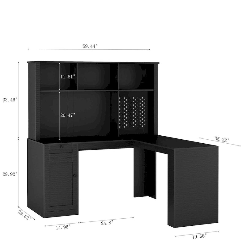 Bureau d'angle en L avec huche, étagère, tiroirs et lumière LED, noir