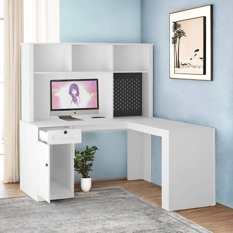 Bureau d'angle en L avec huche, étagère, tiroirs et lumière LED, noir