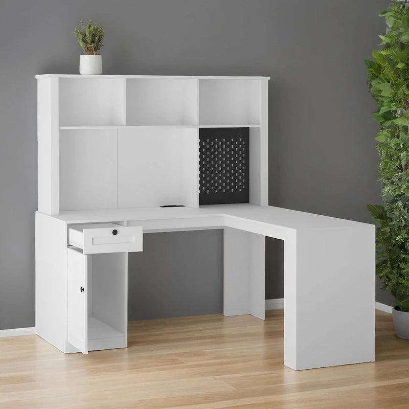 Bureau d'angle en L avec huche, étagère, tiroirs et lumière LED, noir