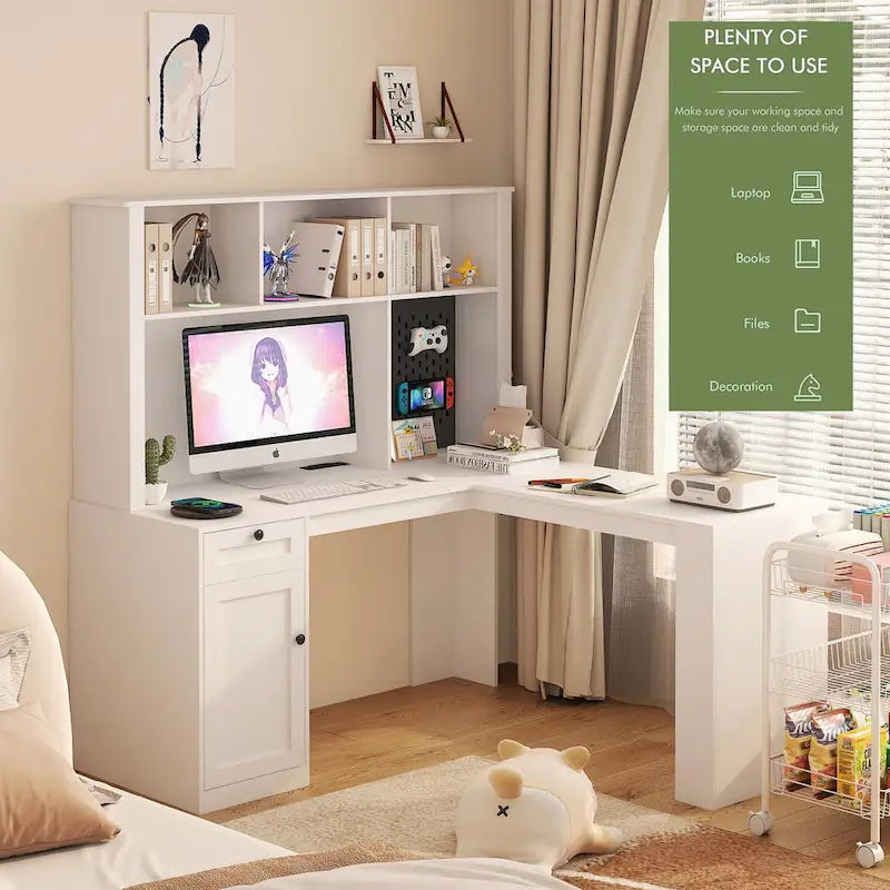 Bureau d'angle en L avec huche, étagère, tiroirs et lumière LED, noir