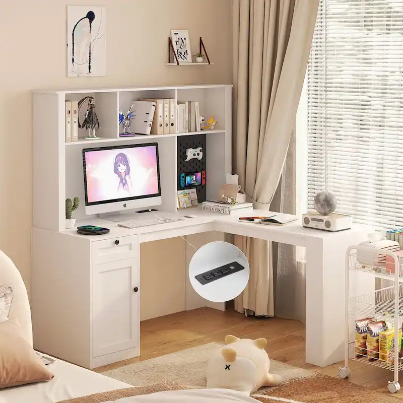 Bureau d'angle en L avec huche, étagère, tiroirs et lumière LED, noir