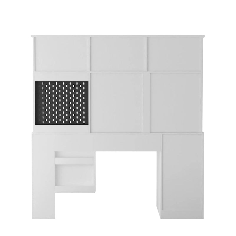 Bureau d'angle en L avec huche, étagère, tiroirs et lumière LED, noir