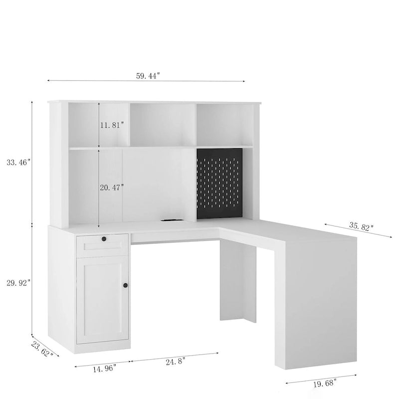 Bureau d'angle en L avec huche, étagère, tiroirs et lumière LED, noir