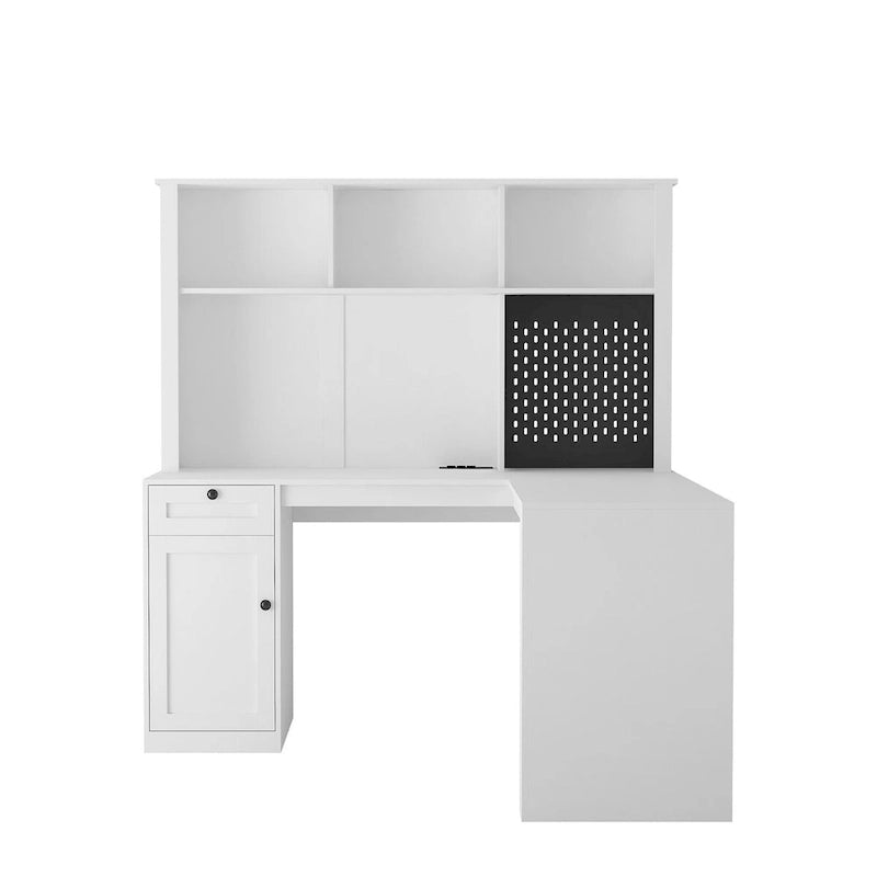 Bureau d'angle en L avec huche, étagère, tiroirs et lumière LED, noir