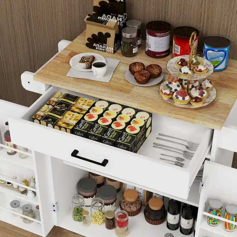Desserte de cuisine blanche à roulettes avec tiroir, portes et porte-serviettes