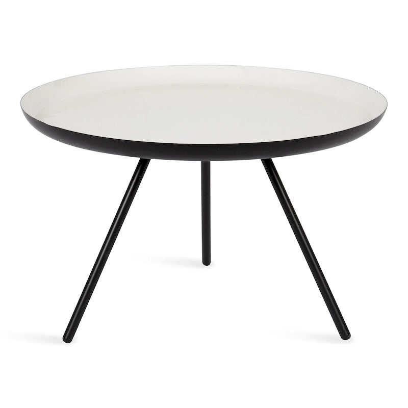 Table basse ronde en métal avec pieds trépied et finition émail bicolore blanc et noir