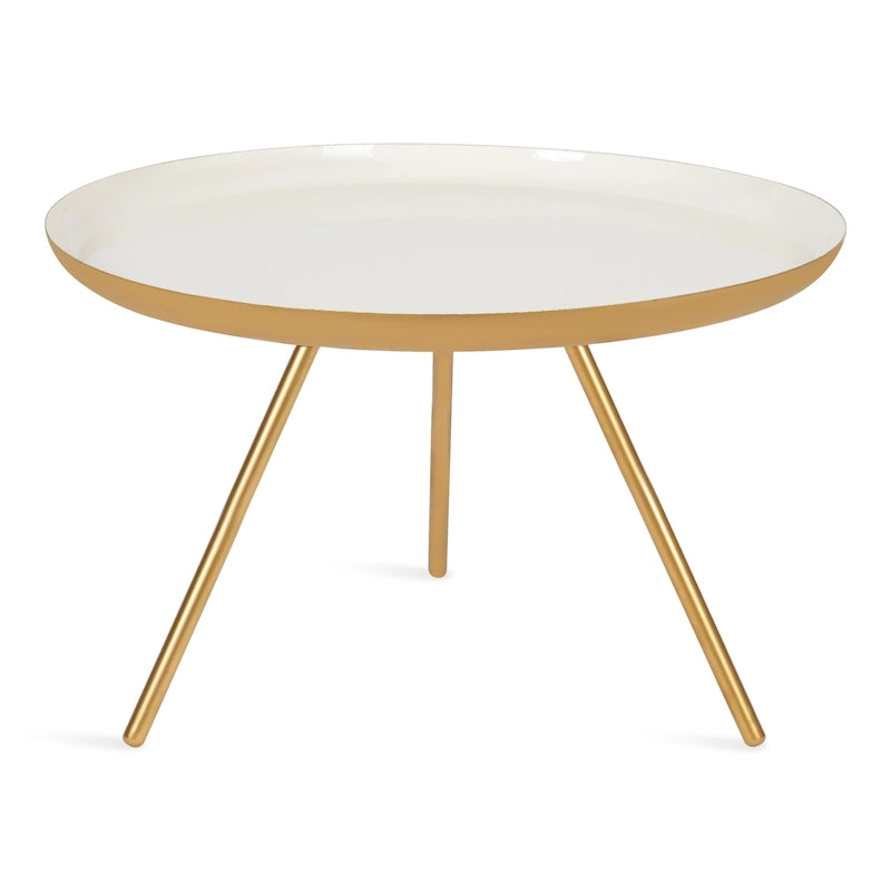 Table basse ronde en métal avec pieds trépied et finition émail bicolore blanc et noir