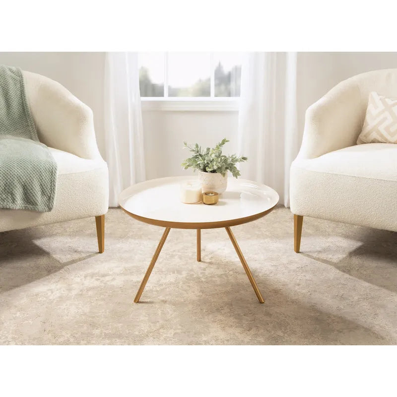 Table basse ronde en métal avec pieds trépied et finition émail bicolore blanc et noir