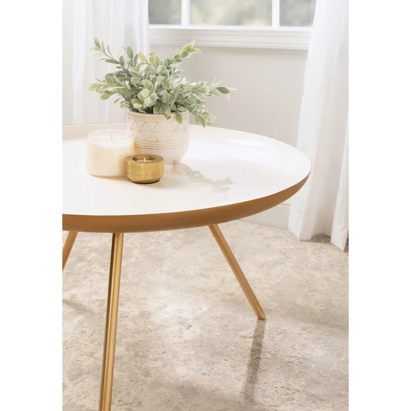Table basse ronde en métal avec pieds trépied et finition émail bicolore blanc et noir