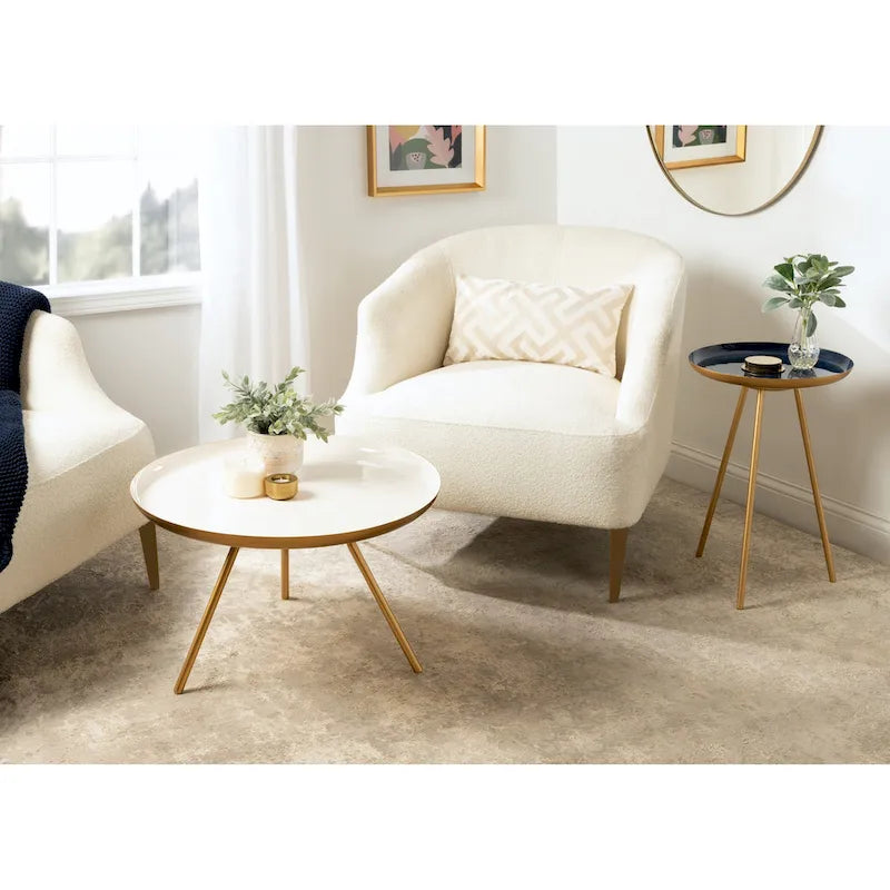 Table basse ronde en métal avec pieds trépied et finition émail bicolore blanc et noir