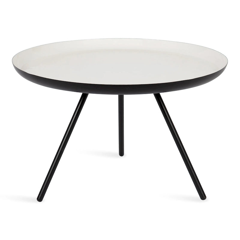 Table basse ronde en métal avec pieds trépied et finition émail bicolore blanc et noir