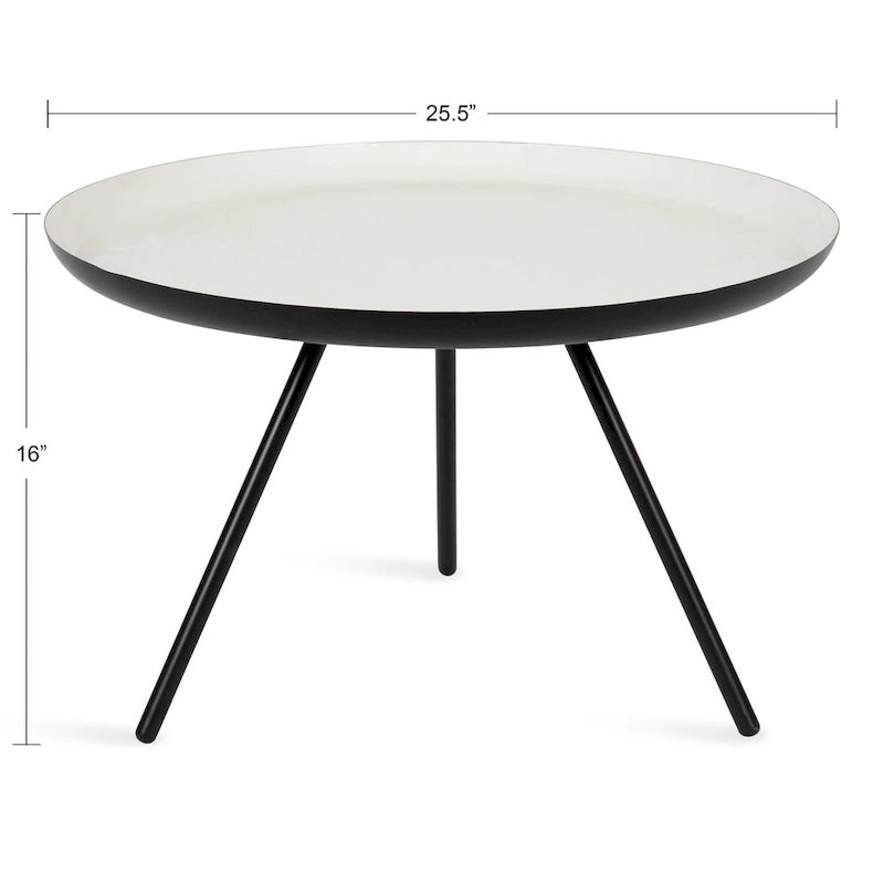 Table basse ronde en métal avec pieds trépied et finition émail bicolore blanc et noir