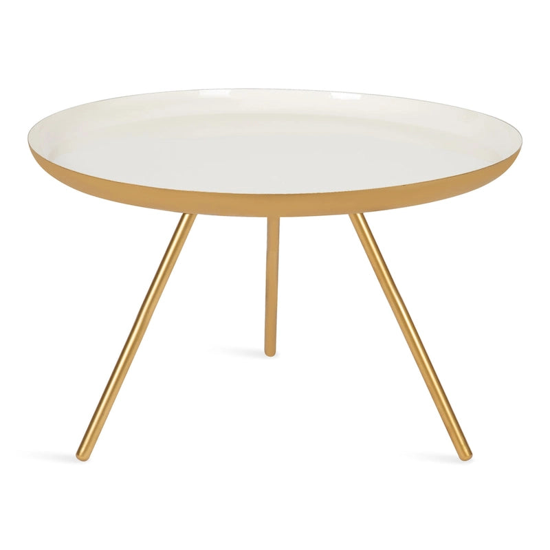 Table basse ronde en métal avec pieds trépied et finition émail bicolore blanc et noir