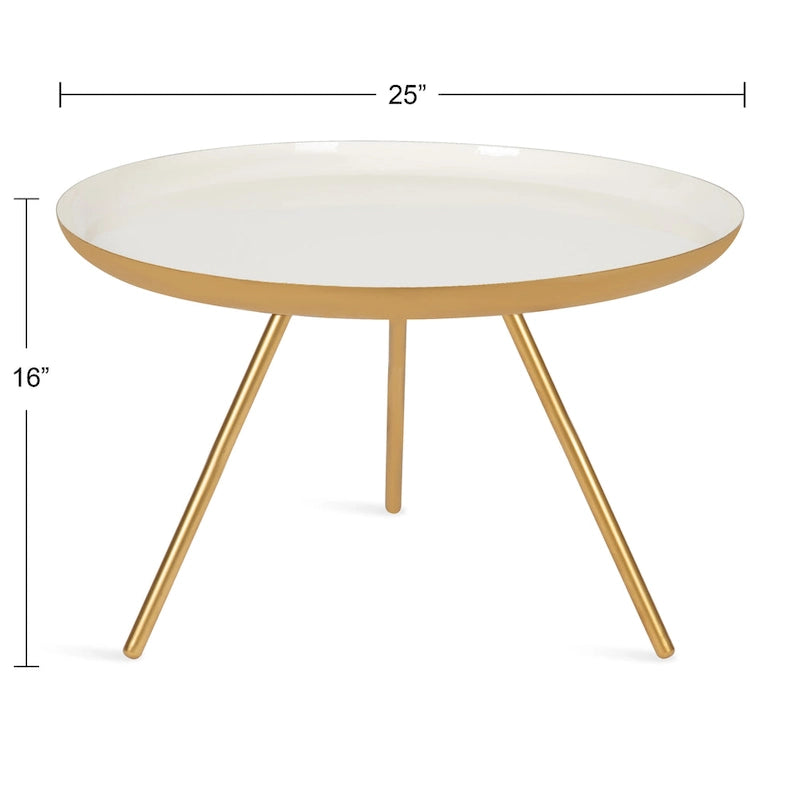 Table basse ronde en métal avec pieds trépied et finition émail bicolore blanc et noir