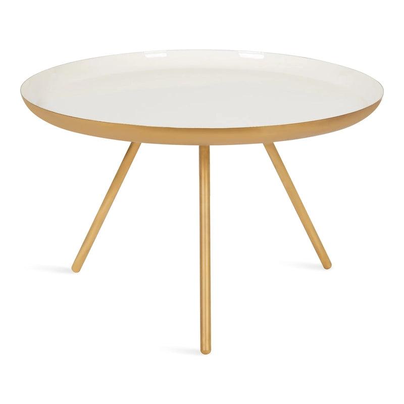 Table basse ronde en métal avec pieds trépied et finition émail bicolore blanc et noir