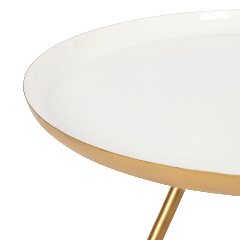 Table basse ronde en métal avec pieds trépied et finition émail bicolore blanc et noir