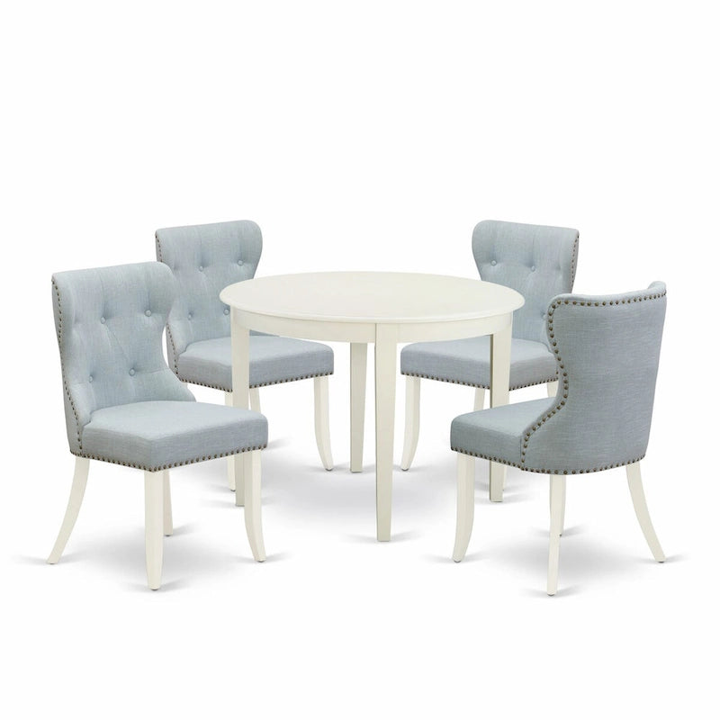 Table à manger ronde en bois avec chaises Parsons tapissées de lin bleu layette Blanc