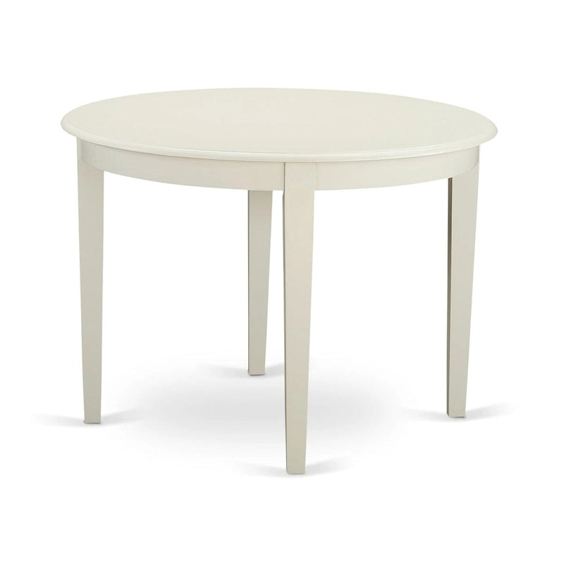 Table à manger ronde en bois avec chaises Parsons tapissées de lin bleu layette Blanc