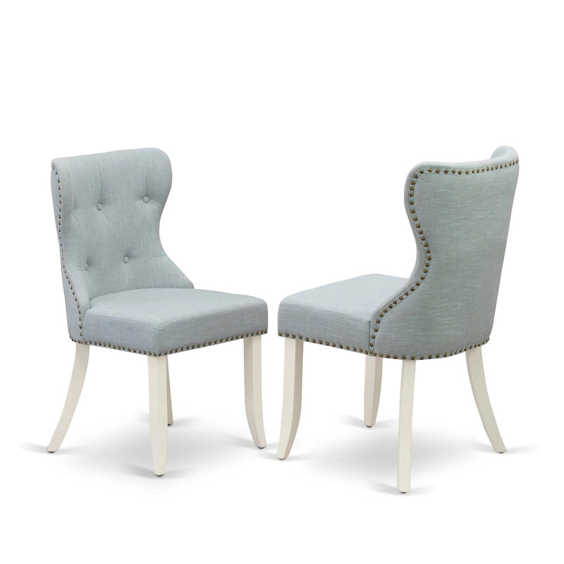Table à manger ronde en bois avec chaises Parsons tapissées de lin bleu layette Blanc