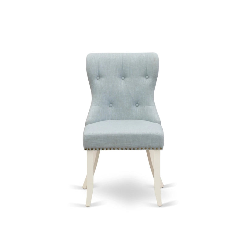 Table à manger ronde en bois avec chaises Parsons tapissées de lin bleu layette Blanc