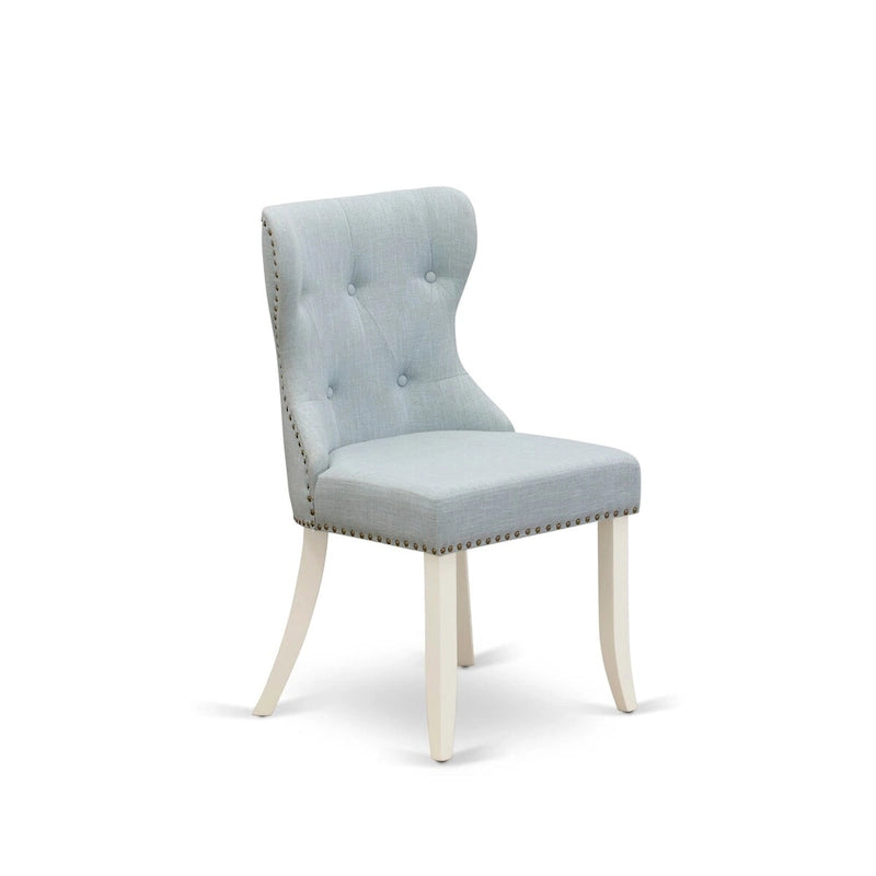 Table à manger ronde en bois avec chaises Parsons tapissées de lin bleu layette Blanc