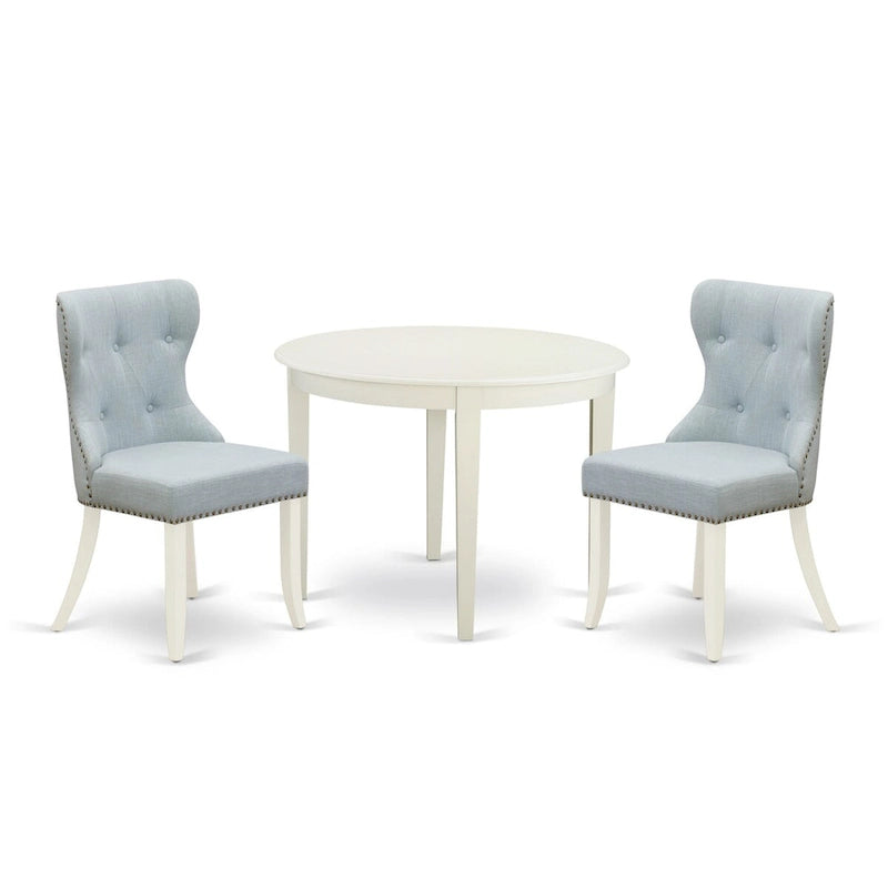 Table à manger ronde en bois avec chaises Parsons tapissées de lin bleu layette Blanc