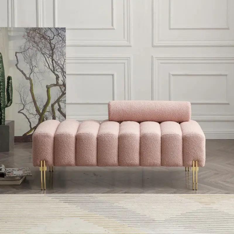 Banc de bout de lit rembourré en sherpa duveteux avec dossier réglable, Rose Beige