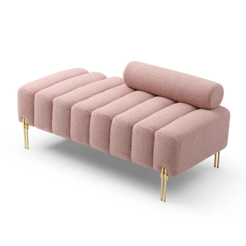Banc de bout de lit rembourré en sherpa duveteux avec dossier réglable, Rose Beige