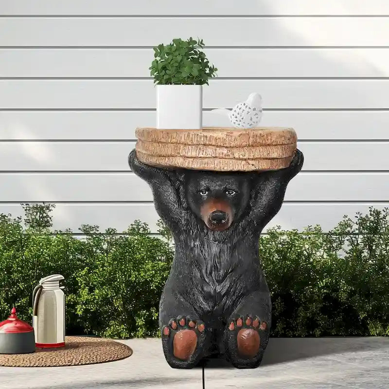 Table d'appoint avec socle en forme d'ours noir, dessus en béton imitation bois