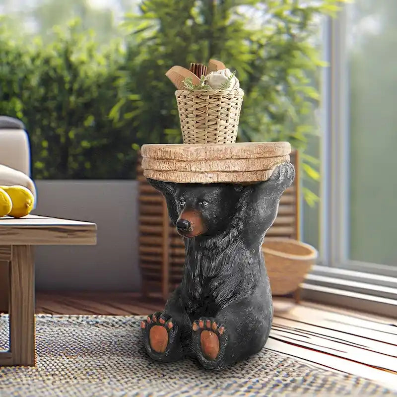 Table d'appoint avec socle en forme d'ours noir, dessus en béton imitation bois