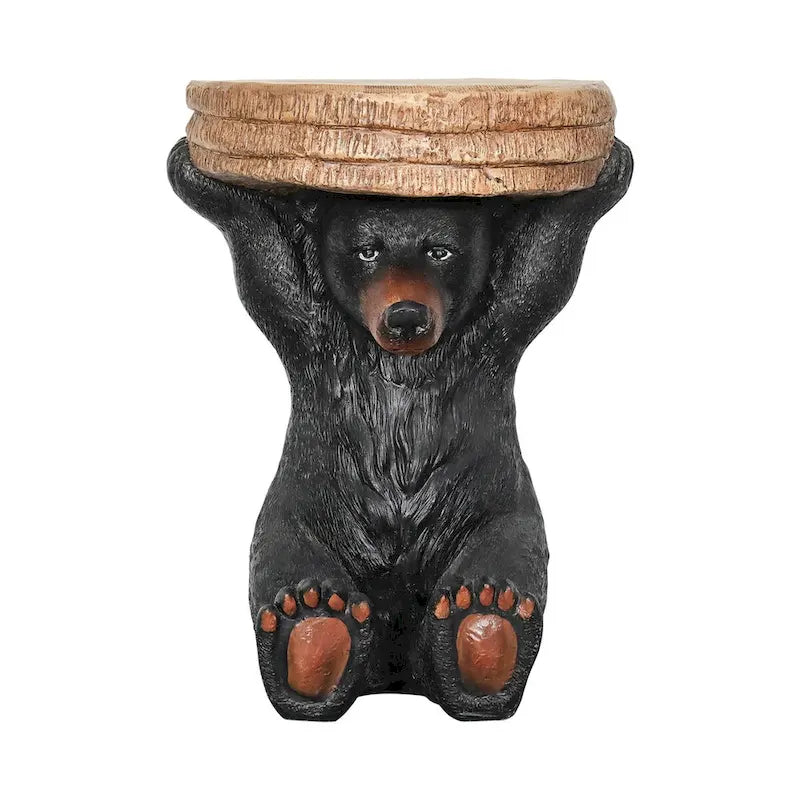 Table d'appoint avec socle en forme d'ours noir, dessus en béton imitation bois