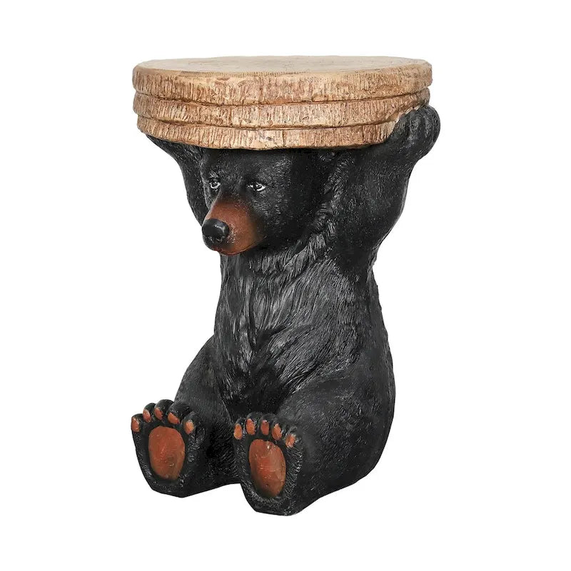 Table d'appoint avec socle en forme d'ours noir, dessus en béton imitation bois