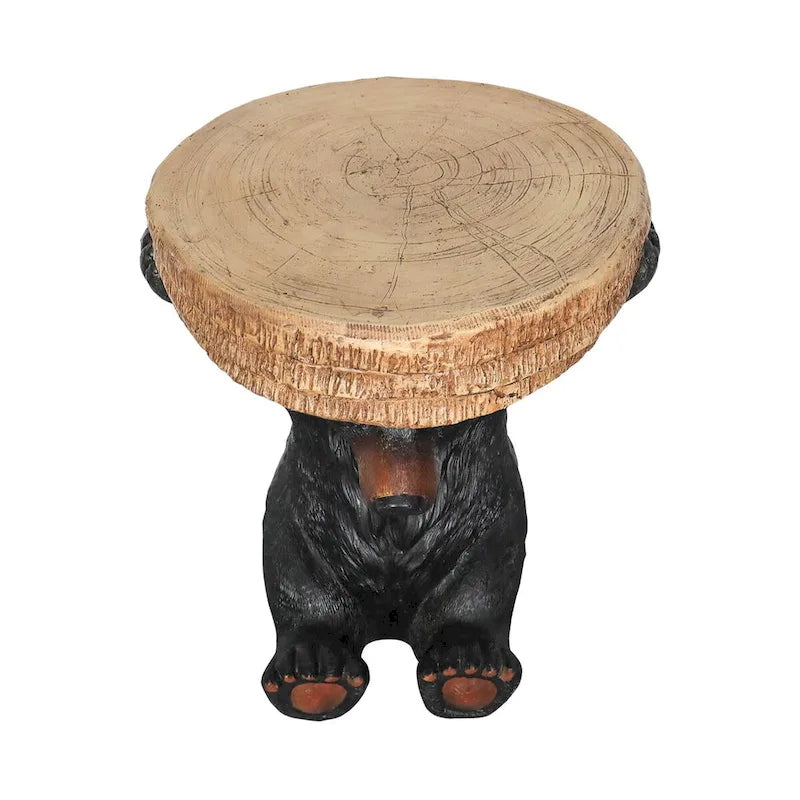 Table d'appoint avec socle en forme d'ours noir, dessus en béton imitation bois
